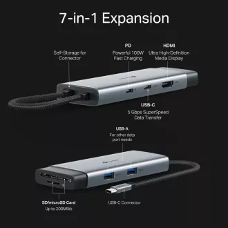 TP-Link UH7020C USB-C vozlišče 7v1 (2x USB3.2Gen1, 1xUSB-C3.2Gen1, 1xHDMI, 1xSD, 1xmicroSD, PD 100W)