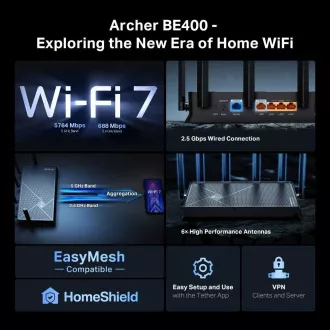 Usmerjevalnik TP-Link Archer BE400 EasyMesh WiFi7(BE6500, 2, 4GHz/5GHz, 1x2, 5GbEWAN, 1x2, 5GbELAN, 3xGbELAN, 1xUSB3.0)