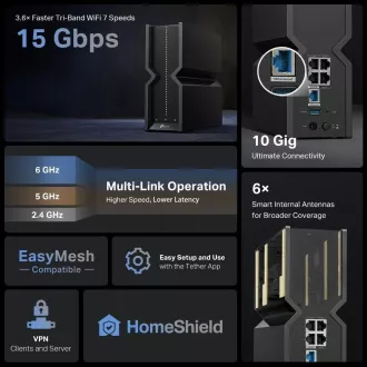 Usmerjevalnik TP-Link Archer BE700 EasyMesh WiFi7(BE15000, 2, 4GHz/5GHz/6GHz, 1x10GbEWAN, 1x2, 5GbELAN, 3xGbELAN, 1xUSB3.0)