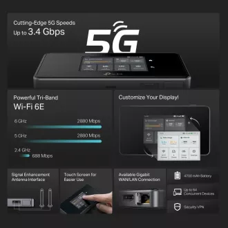 TP-Link M8550 prenosni WiFi6E usmerjevalnik (AXE3600, 5G/4G LTE, 2, 4GHz/5GHz/6GHz, 1xGbE, 1xUSB-C, 1xnanoSIM, 1xmicroSD)