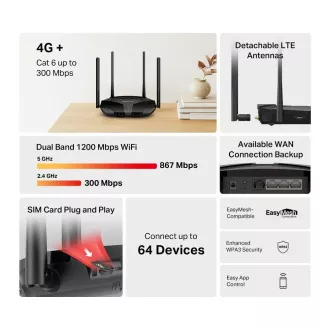 Mercusys MB235-4G WiFi5 EasyMesh usmerjevalnik (AC1200, 4G LTE Cat6, 2, 4GHz/5GHz, 1xGbE LAN/WAN, 3xGbE LAN, 1xnanoSIM)