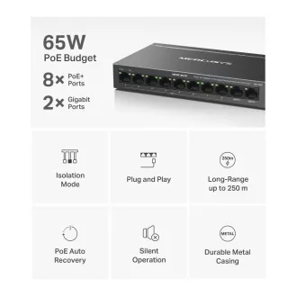 MERCUSYS stikalo MS110CP (8x100Mb/s, 2xGbE, 8xPoE , 65W, brez ventilatorja)