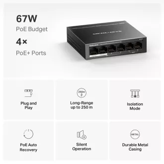 MERCUSYS stikalo MS106P (6x100Mbps, 4xPoE , 67W, brez ventilatorja) MERCUSYS stikalo MS106P (6x100Mbps, 4xPoE , 67W, brez ventilatorja)
