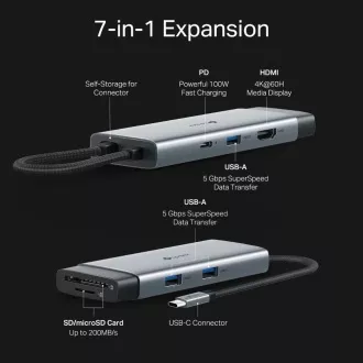 TP-Link UH7021C USB-C vozlišče 7v1 (3x USB3.2Gen1, 1xUSB-C3.2Gen1, 1xHDMI, 1xSD, 1xmicroSD, PD 100W)