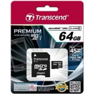 TRANSCEND MicroSDXC 64 GB Premium, razred 10 UHS-I 400x (R:85/W:35 MB/s)   adapter