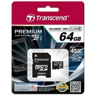 TRANSCEND MicroSDXC 64 GB Premium, razred 10 UHS-I 400x (R:85/W:35 MB/s)   adapter