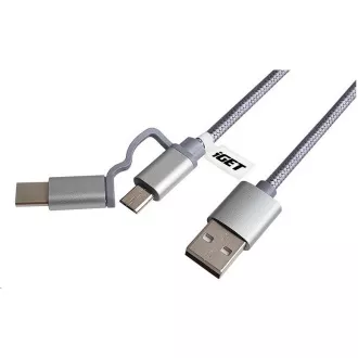 iGET G2V1 Kabel USB 2v1, 1 m, srebrn, microUSB in USB-C, podaljšani konci