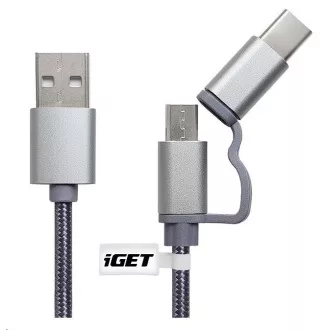 iGET G2V1 Kabel USB 2v1, 1 m, srebrn, microUSB in USB-C, podaljšani konci