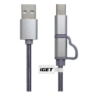 iGET G2V1 Kabel USB 2v1, 1 m, srebrn, microUSB in USB-C, podaljšani konci