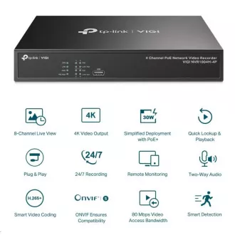 TP-Link VIGI NVR1004H-4P, videorekorder, 4 kanali, 4xPoE, 1xSATA, 1x100Mb/s LAN, 2xUSB2.0, 1xHDMI, 1xVGA