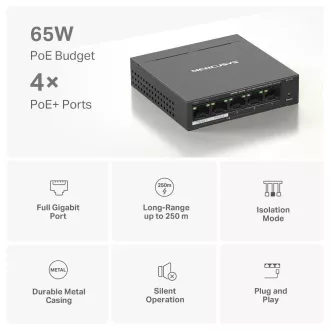 MERCUSYS stikalo MS105GP (5xGbE, 4xPoE , 65W, brez ventilatorja)