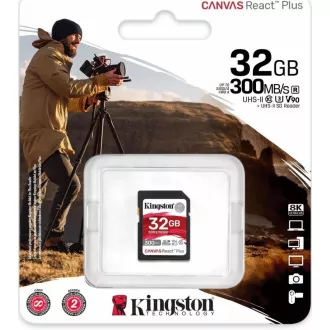 Kingstonova kartica SDHC 32GB Canvas React Plus SDHC UHS-II 300R/260W U3 V90 za Full HD/4K/8K