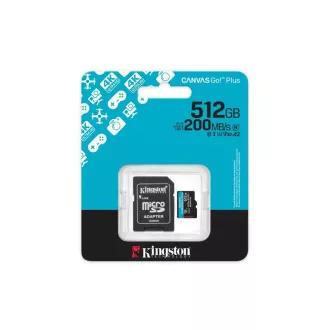 Kingstonova kartica MicroSDXC 512GB Canvas Go! Plus, R:200/W:160MB/s, razred 10, UHS-I, U3, V30, A2   adapter