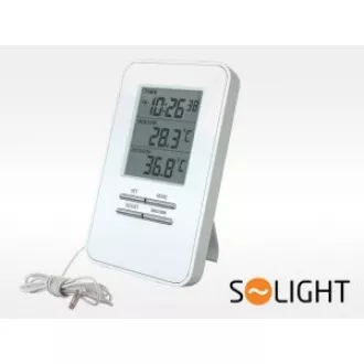 Trden termometer, temperatura, velik zaslon, datum, čas, bela barva