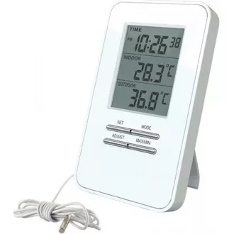 Trden termometer, temperatura, velik zaslon, datum, čas, bela barva