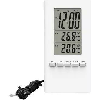 Trden termometer, temperatura, velik zaslon, datum, čas, bela barva