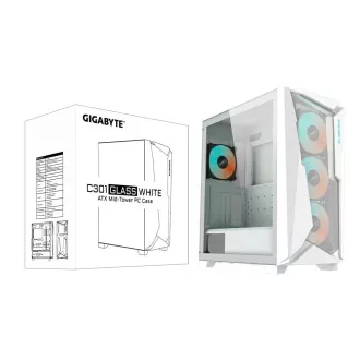 GIGABYTE ohišje GB-C301GW, ARGB Hub, prozorna stranska plošča, Mid tower, 4x ARGB ventilator, belo