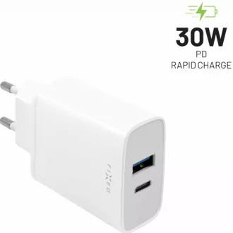 Omrežni polnilec FIXED, priključek USB-C USB-A, podpora PD, 30 W, bel Omrežni polnilec FIXED, priključek USB-C USB-A, podpora PD, 30 W, bel