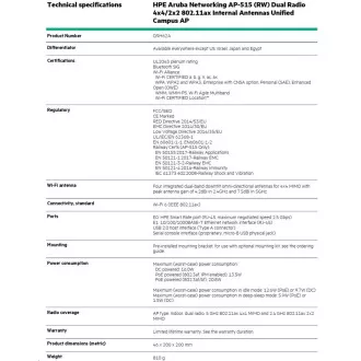 HPE Aruba Networking AP-515 (RW) Dual Radio 4x4/2x2 802.11ax z notranjimi antenami Unified Campus AP RENEW Q9H62A