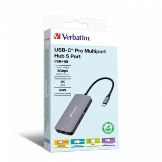 VERBATIM Vozlišče USB-C Pro Multiport 5 portov, 2x USB 3.2, 1x USB-C, HDMI, RJ45, siva