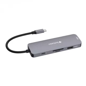VERBATIM Vozlišče USB-C Pro Multiport 8 portov, 3x USB 3.2, 1x USB-C, 2xHDMI, microSD/SD, siva