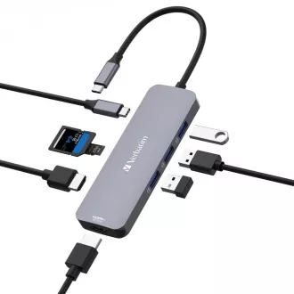 VERBATIM Vozlišče USB-C Pro Multiport 8 portov, 3x USB 3.2, 1x USB-C, 2xHDMI, microSD/SD, siva
