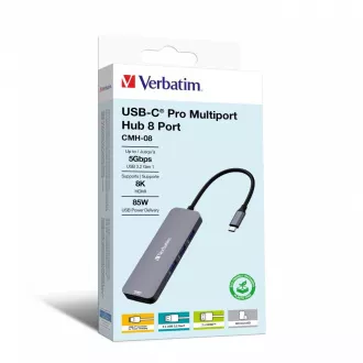 VERBATIM Vozlišče USB-C Pro Multiport 8 portov, 3x USB 3.2, 1x USB-C, 2xHDMI, microSD/SD, siva