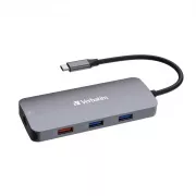 VERBATIM Vozlišče USB-C Pro Multiport 9 portov, 3x USB 3.2, 2x USB-C, HDMI, RJ45, microSD/SD, siva