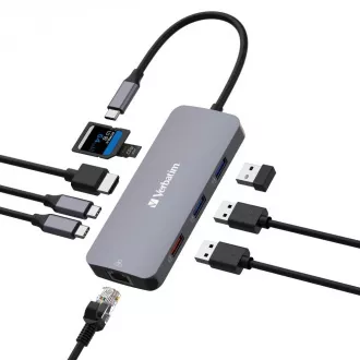 VERBATIM Vozlišče USB-C Pro Multiport 9 portov, 3x USB 3.2, 2x USB-C, HDMI, RJ45, microSD/SD, siva