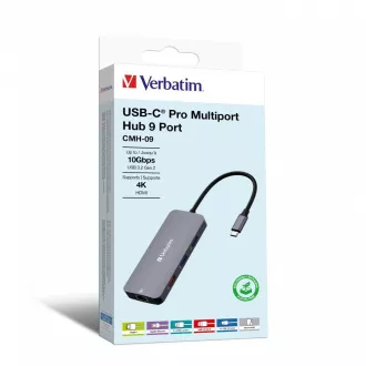 VERBATIM Vozlišče USB-C Pro Multiport 9 portov, 3x USB 3.2, 2x USB-C, HDMI, RJ45, microSD/SD, siva