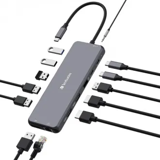 VERBATIM Vozlišče USB-C Pro Multiport 13 portov, 6x USB-A, 2x USB-C, 2x HDMI, DP, RJ45, 3,5mm Jack audio, siva