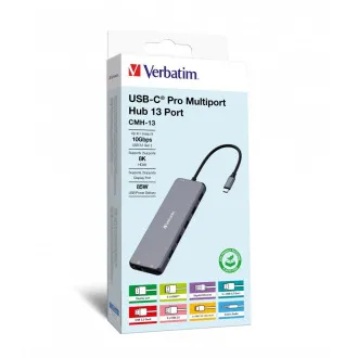 VERBATIM Vozlišče USB-C Pro Multiport 13 portov, 6x USB-A, 2x USB-C, 2x HDMI, DP, RJ45, 3,5mm Jack audio, siva