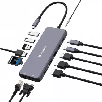 VERBATIM Vozlišče USB-C Pro Multiport 14 priključkov, 5x USB-A, 2x USB-C, 2x HDMI, 1xVGA, RJ45, 3,5mm Jack audio, microSD/SD, siva