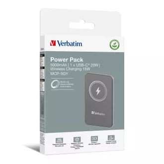 VERBATIM Powerbank Charge 'n' Go, magnetna, 5000 mAh, USB-C, siva