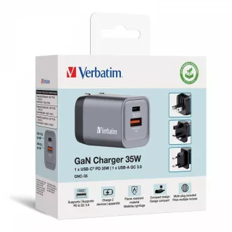 VERBATIM GaN omrežni polnilec GNC-35, 35 W, 1x USB-C, 1x USB VERBATIM GaN omrežni polnilec GNC-35, 35 W, 1x USB-C, 1x USB