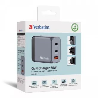 VERBATIM GaN omrežni polnilec GNC-65, 65W, 2x USB-C, 1x USB VERBATIM GaN omrežni polnilec GNC-65, 65W, 2x USB-C, 1x USB
