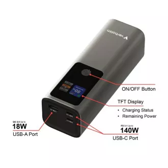 VERBATIM Powerbank Charge 'n' Go, 27000 mAh, 2x USB-C 140W, 1x USB-A 18W, siva