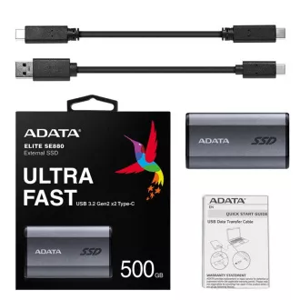 ADATA zunanji SSD 500 GB SE880, USB-C 3.2 Gen 2x2, R:2000/W:2000MB/s, siva