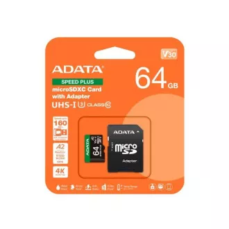 Kartica ADATA MicroSDXC 64 GB Speed Plus, U3, C10, A2, V30 (R:160/W:140 MB/s)   adapter SD