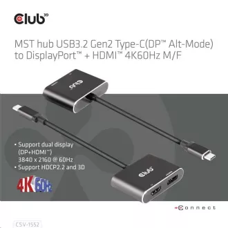 Club3D vozlišče MST (Multi Stream Transport) USB3.2 Gen2 Type-C (DP Alt-Mode) na DisplayPort HDMI 4K60Hz (M/F) Club3D vozlišče MST (Multi Stream Transport) USB3.2 Gen2 Type-C (DP Alt-Mode) na DisplayPort HDMI 4K60Hz (M/F)