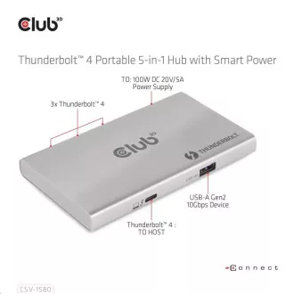 Club3D hubThunderbolt 4 Prenosno vozlišče 5 v 1 s pametnim napajanjem