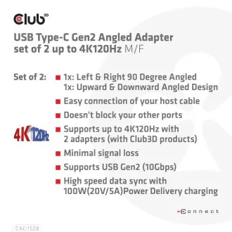 Club3D USB-C Gen2 kotni adapter v kompletu 2, 4K120Hz, 240W, (M/F)