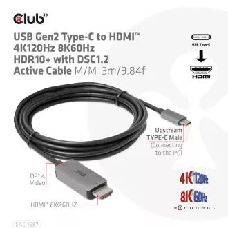 Club3D Kabel USB-C do HDMI, 4K120Hz 8K60Hz HDR10 z DSC1.2, aktivni kabel, M/M, 3 m