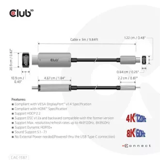 Club3D Kabel USB-C do HDMI, 4K120Hz 8K60Hz HDR10 z DSC1.2, aktivni kabel, M/M, 3 m