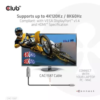 Club3D Kabel USB-C do HDMI, 4K120Hz 8K60Hz HDR10 z DSC1.2, aktivni kabel, M/M, 3 m