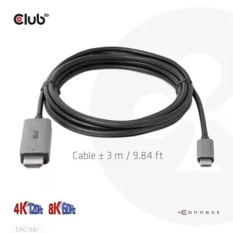 Club3D Kabel USB-C do HDMI, 4K120Hz 8K60Hz HDR10 z DSC1.2, aktivni kabel, M/M, 3 m