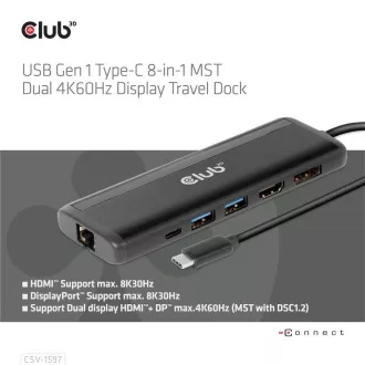Club 3D Priključna postaja USB-C 8v1, 1xDP, 1xHDMI, 1xUSB-C PD100W, 2xUSB, bralnik kartic SD, siva