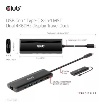 Club 3D Priključna postaja USB-C 8v1, 1xDP, 1xHDMI, 1xUSB-C PD100W, 2xUSB, bralnik kartic SD, siva