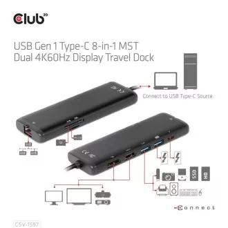 Club 3D Priključna postaja USB-C 8v1, 1xDP, 1xHDMI, 1xUSB-C PD100W, 2xUSB, bralnik kartic SD, siva