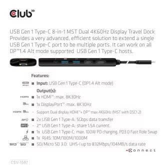 Club 3D Priključna postaja USB-C 8v1, 1xDP, 1xHDMI, 1xUSB-C PD100W, 2xUSB, bralnik kartic SD, siva